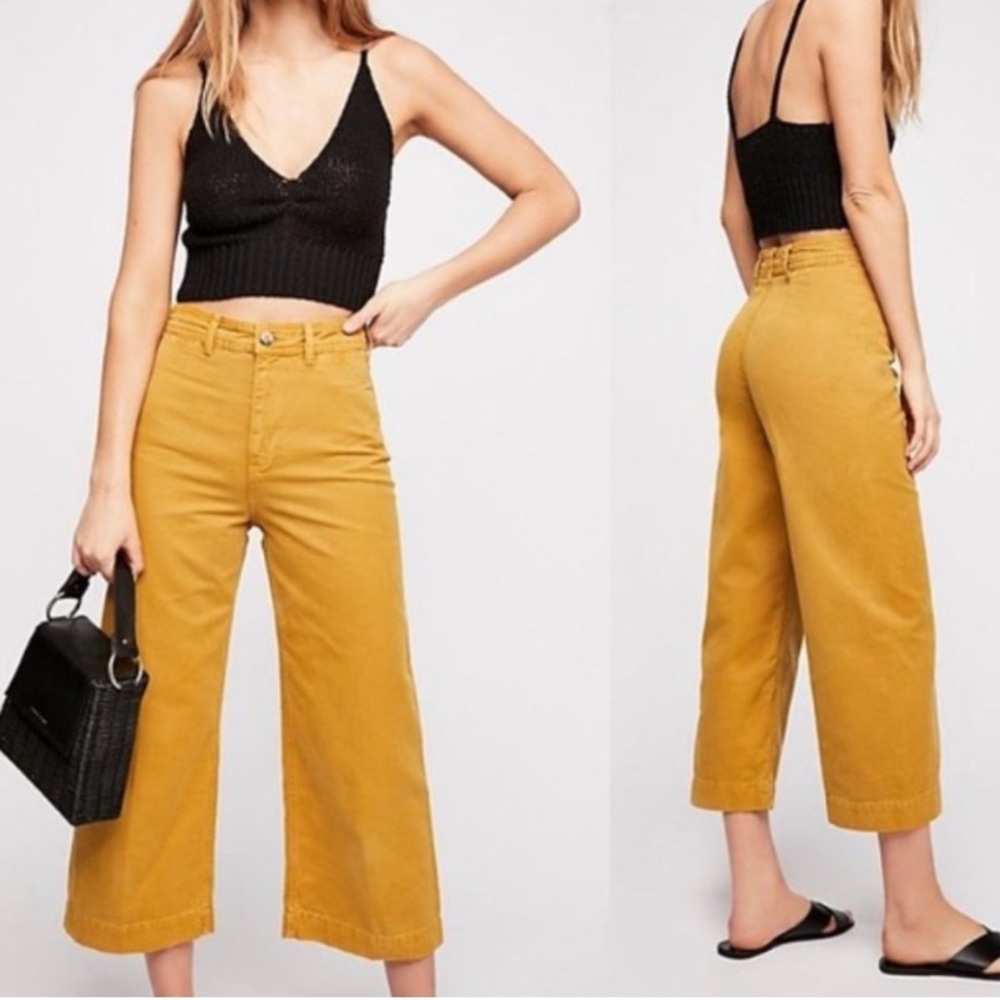 Free People Patti Wide Leg Crop Cotton Pants Mustard Yellow 27